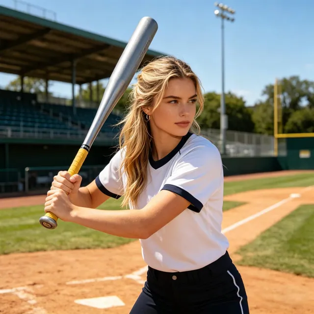 A young woman holding a silver bat wrapped in yellow grip tape at home plate
