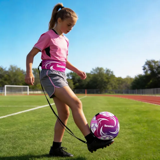 A girl in pink kicking a ball held on a training belt cord on a sports field